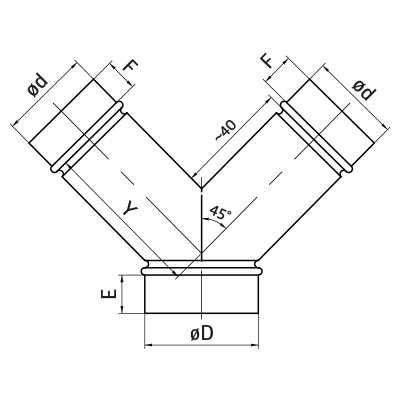 Unión en T de ventilación > Derivaciones tipo pantalón 45° YVE/YVL